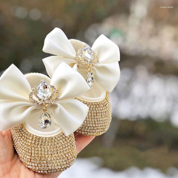 İlk Walkers Dillling Fildişi Vaftiz Bebek Bowknot Rhinestone Yürümeye Başlayan Bebek Çocuk Kızlar Yumuşak Sole Ayakkabı Head Band 0-1y Kıyafet