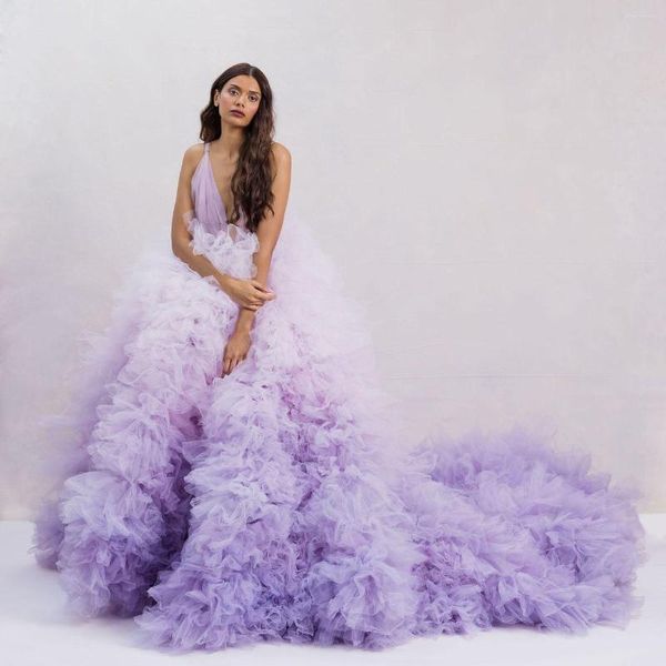 Abiti casual gradiente lavanda soffice abiti da sposa a livello a livello a V profonde senza schienale in tulle gonfio tulle da sposa da sposa lungo