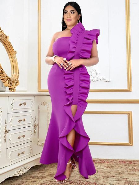 Vestidos de tamanho grande roxo um ombro para mulheres sem mangas babados assimétricos de peixe rabo de peixe casamento convidado noturno vestidos