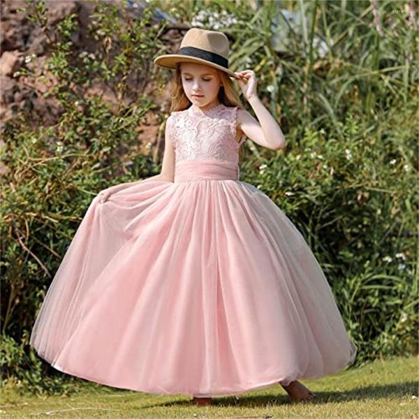 Mädchenkleider rosa flauschige Tüll -Spitze ärmellose Blumenkleid für Hochzeit elegante kleine Kinder Erste Kommunion Schönheit Festzug Ballkleider