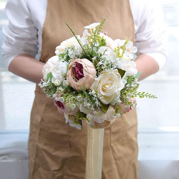 Flores de casamento buquê de rosa peônia artificial para a noiva, dama de dama de noiva de retenção de flor