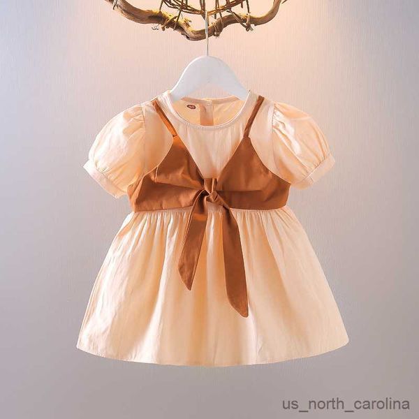 Платья для девочек девочки -пузырьковое рукав платье принцессы 2023 Летнее новое детское фальшивое двухдельное сетевое красное платье Детское модная юбка R230816
