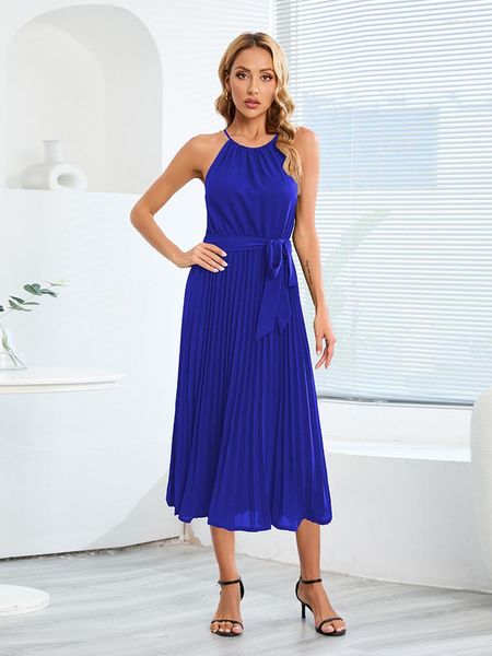 Lässige Kleider Ladies Halfter Neck A-Linie sexy lange Sommerkleid Frauen ärmellose Gürteltschwang Falten Party Strand Frauen Vestido