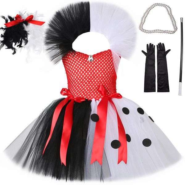 Besondere Anlässe schwarze weiße Cruella Kostüme für Mädchen Dalmatianer Tutu Kleid Kinder Villian de vil Halloween Outfit Kinder Kleidung 230815