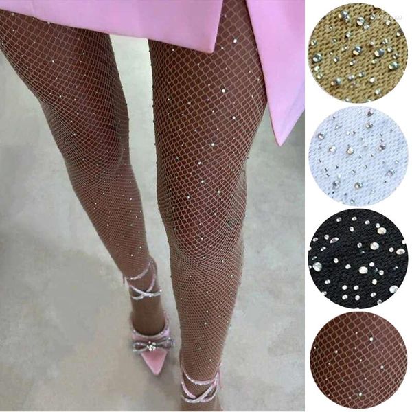 Mulheres meias 2024 Summer Fishnet Diamond Pantyhose para Moda Sexy Floresces brilhantes Feminino Slim Rhinestone Mesh Nylon meias