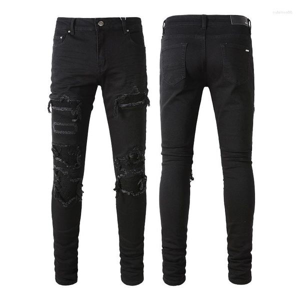 Men's Jeans Mens Distressed Patchwork Ripped Destroyed Denim Ribs Patches Hollow Out Slim Stretch Washed Black Pants Size 28-40