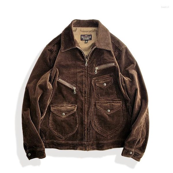 Herrenjacken Corduroy Jacke Multi-Pockets Kurzer regulärer Fit Safari Western Biker Stil Amerika Vintage Designer Kleidung