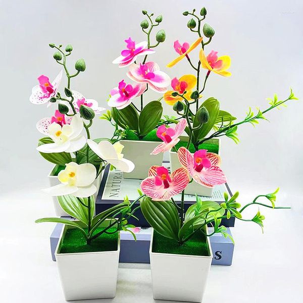 Fiori decorativi 3 teste a farfalla artificiale orchidea simulazione bonsai falaenopsis piante in vaso di plastica finta per la decorazione domestica