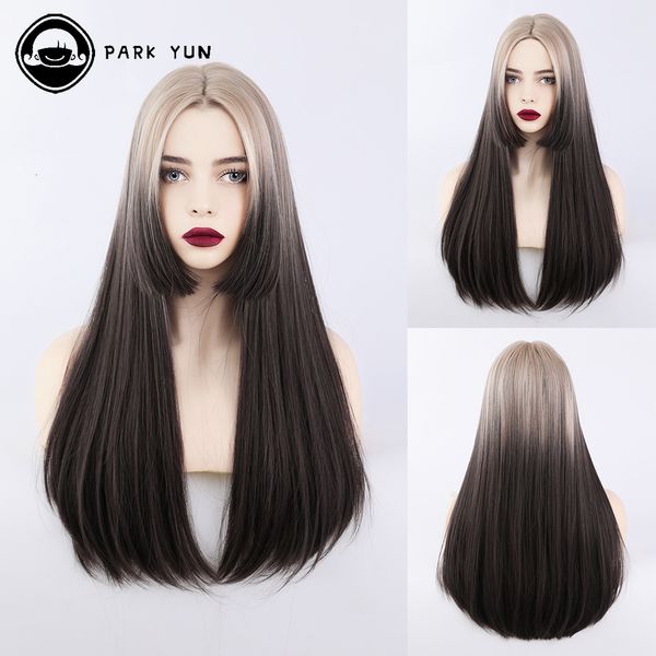 Cosplay -Perücken Lange glattes Haar Frauen Perücken schick Asche Blonde Ombre Brown Daily Party Lolita Hitzebeständige synthetische Fälschung 230815