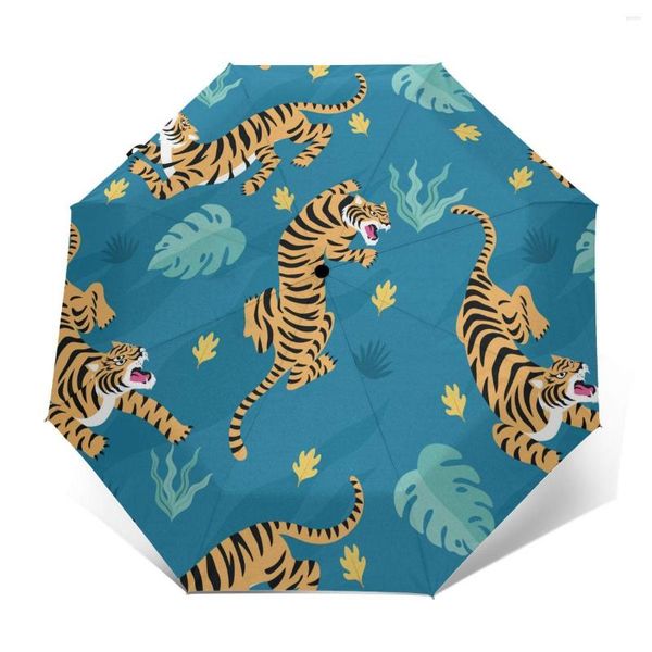 Guarda -chuvas resistente ao vento dobrável guarda -chuva automática feminina automaticamente vintage Tiger Pattern à prova de vento para homens parasol