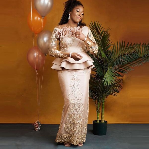 Rose Gold Afrikanische Meerjungfrau Abendkleider Aso Ebi Stil Spitze Rüschen Formale Party Frauen Kleid Plus Größe Custom vestidos