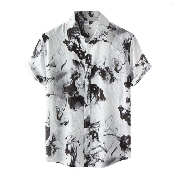 Camisetas de camisetas masculinas Padrão de tinta de verão 3D Imprimir estilo retro étnico de manga curta Coloque dobrável Button Up T-shirt Top respirável