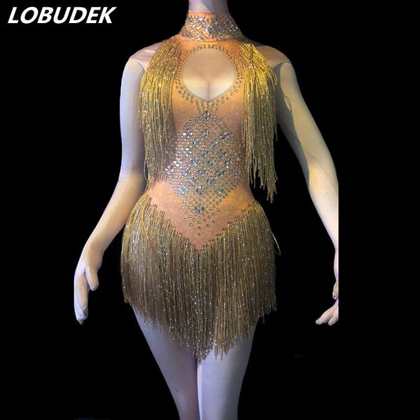 Damen -Jumpsuits Seiler gold silberblau Rose Quasten Glaskristalle BodySuit Shining S ärmellose Bodysuits sexy weibliche Nachtclub DS Kostüm 230815