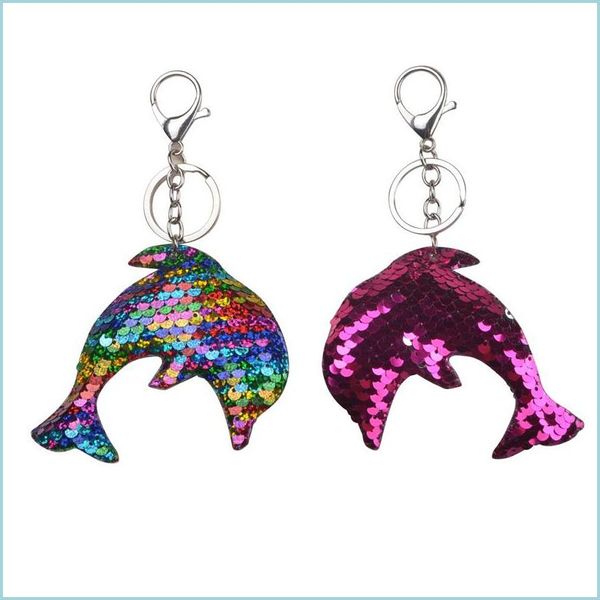 Keychains Lanyards Größe 8x14cm kreativer schöner Sequin Dolphin Keychain Glitter Schlüsselringe Geschenke für Frauen Auto Bag Anhänger Accessoires DH1E5