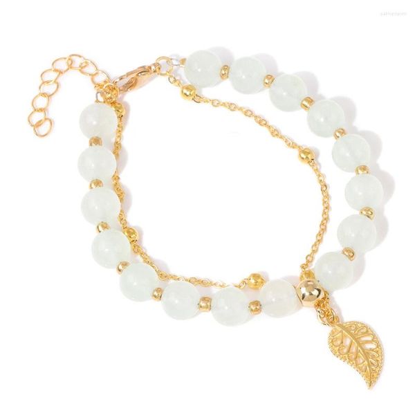 Bracelets de link Bracelete de chalcedas de cor de ouro folhas com cadeia ajustável Chalcecedony Opal de miçangas para homens jóias de dupla camada de camada