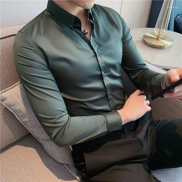 Camisas casuais masculinas de cor pura de mangas compridas camisa de algodão brocado