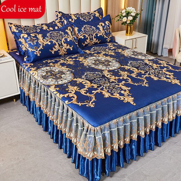 Saia de cama 3 PCs Conjunto moderno royal azul colcha de camisa fresca saia lençóis lavable lençóis com faixa elástica para rainha king size 230815