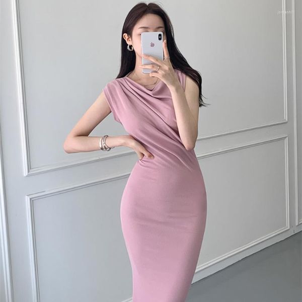 Lässige Kleider von Schulter Midi Kleid Frauen sexy schlank Kurzarm Körperkon Koreanische formelle Anweisung Kleidung Sommer Vestido