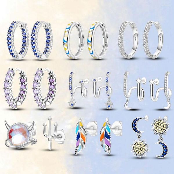 Hoop Ohrringe 925 Silber für Frauen passen original Modeschmuck Ohrring Sonnenmond Asymmetrie Temperament Feather Freundship Geschenke