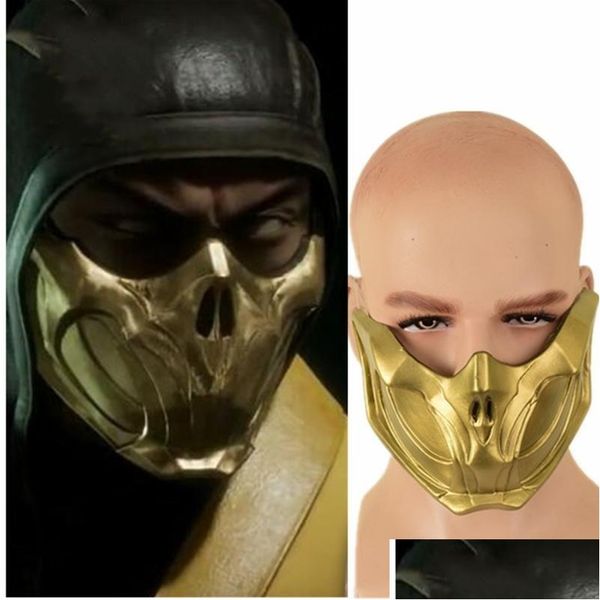 Altre forniture per feste di eventi Game Mortal Kombat Scorpion Cosplay Mask Golden Half Face Women Latex Men Halloween Drop Delivery Home Dhbtz