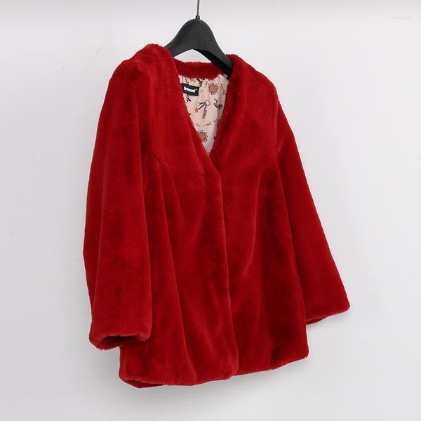 Frauenfell Faux Coat Frauen rote Jacken für Winter 2023 Kurzer N -Hals -Damen -Mäntel Kleidung Jaqueta Feminina KJ288