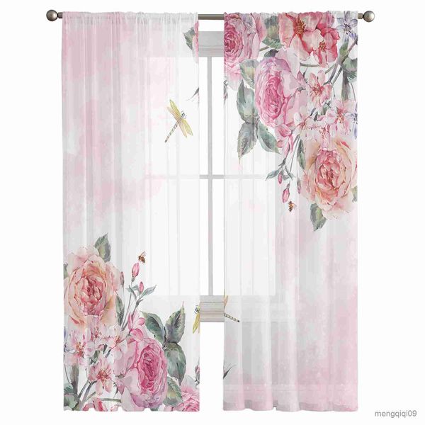 Занавеска с розовым цветком и стрекозой, прозрачные оконные шторы для спальни, занавески для зала, домашний декор, тюлевые шторы для гостиной, шифоновые шторы