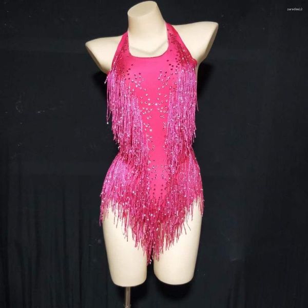 Sahne Giyim Gül Kırmızı Işıltılı Rhinestones Fringes Bodysuit Kadın Seksi Kulüp Kıyafet Dans Kostümü Tek Parçalı Showgirl Performans Tekerlekli