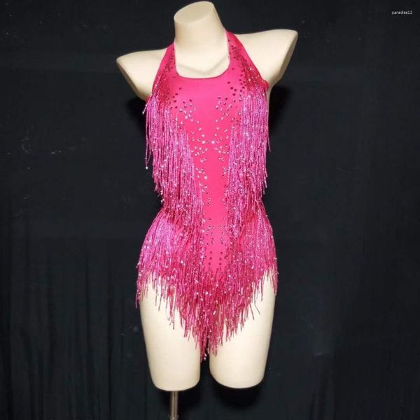 Bühnenbekleidung Rose Rot funkelnde Strasssteine ​​Fransen Bodysuit Frauen sexy Club-Outfit Tanzkostüm Einteilige Showgirl Performance Leotard