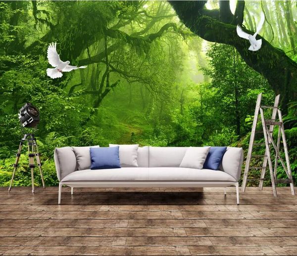 Papéis de parede CJSIR Custom 3D Papel de parede Nature Paisagem Floresta verde fresca Árvore grande árvore branca Pigeon TV Background Wall Decor