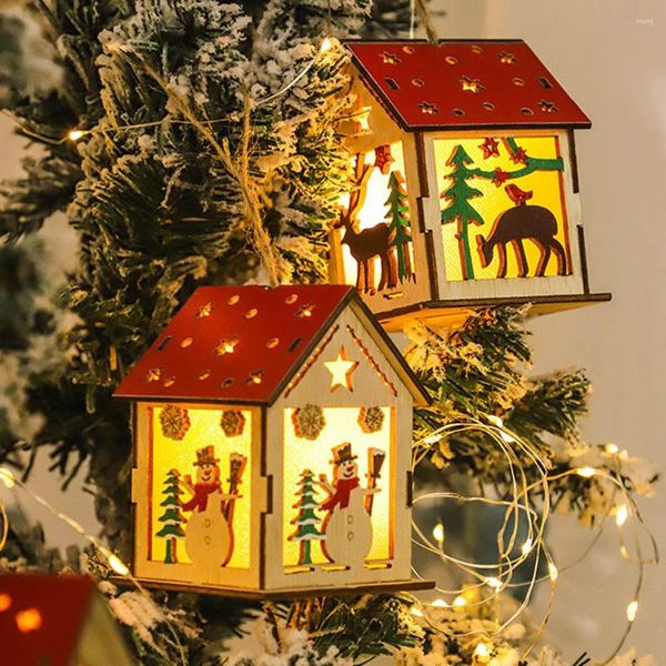 Weihnachtsdekorationen Holz leuchtende Blockkabine LED Leuchten Baum hängen Ornamente kleine Häuser Jahr Geschenke Kinder Spielzeug