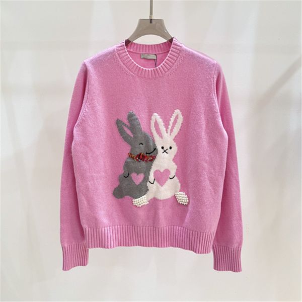 Kadın Sweaters Pembe Kaşmir Süvari Tavşan Baskılı Kadınlar 2023 Uzun Kollu O Boyun Örme Bayanlar İnci Nakış Jumper'ları 230815