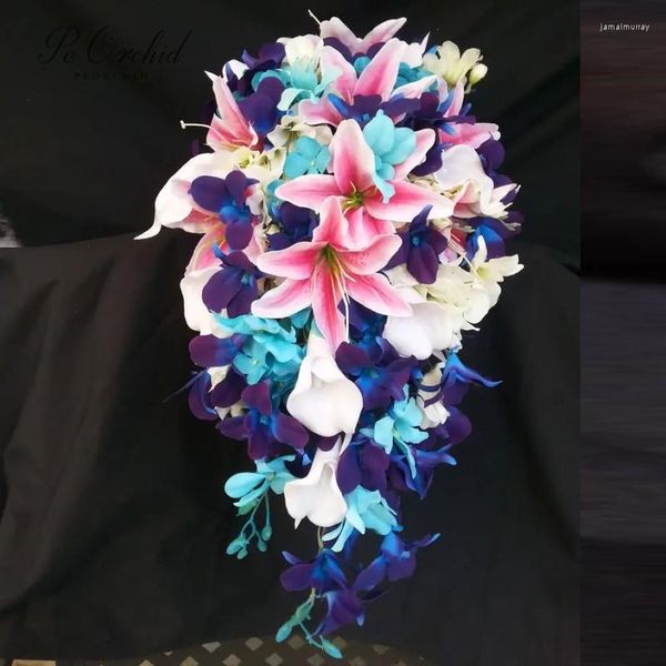 Düğün Çiçek Peorchid Güzel Pembe Zambaklar Basamaklı Gözyaşı Gelin Buket Yapay Çiçek Mor Mavi Orkide Şelale