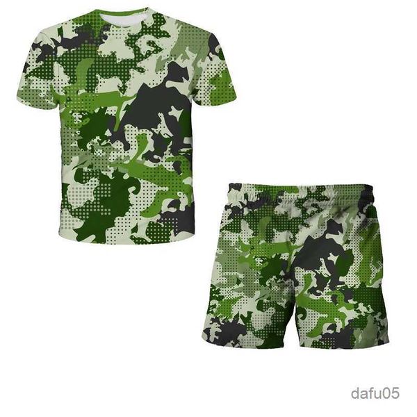 Kleidungssets 2023 beliebte Tarn Camouflage 4-12y Jungen Anzug Anzug Militär Druckkleidung Mädchen Kinder Kinder Sommer Kleidung Kinder Tops T-Shirt Shorts R230816