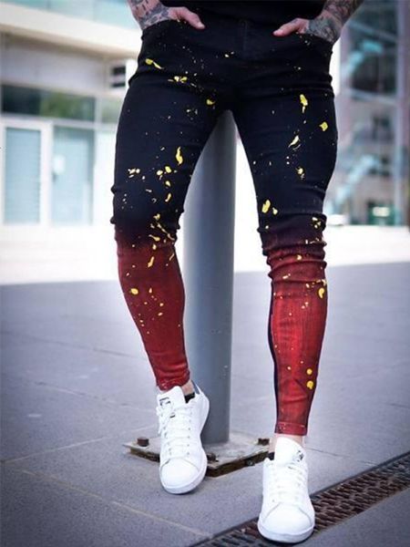 Jeans masculinos pretos Red High Street Gradiente masculino Hip Hop Paint Denim Fashion Biker Slim Fit Ripped Menny Men Tamanho S 3xl 230816