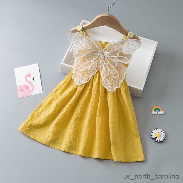 Девушка платья 2023 маленькие девочки лето милое платье бабочка наряд подвески цветочные детские без рукавицы розовые желтые vestidos r230816