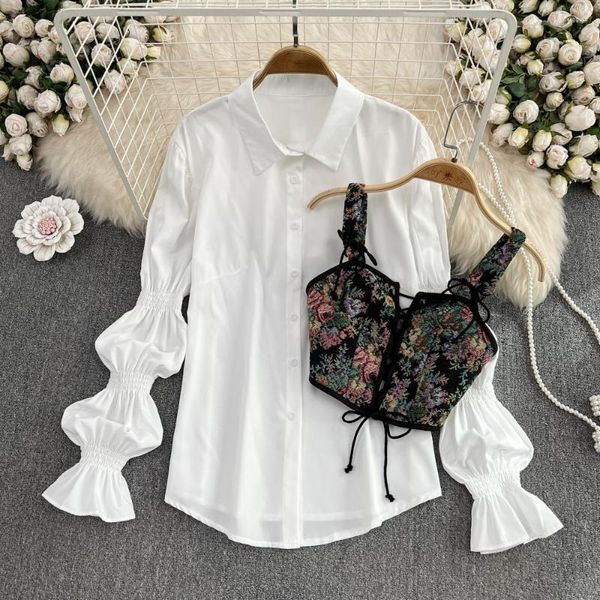 Blusas femininas primavera e outono blusa francesa traje de manga bolha solta camisa branca