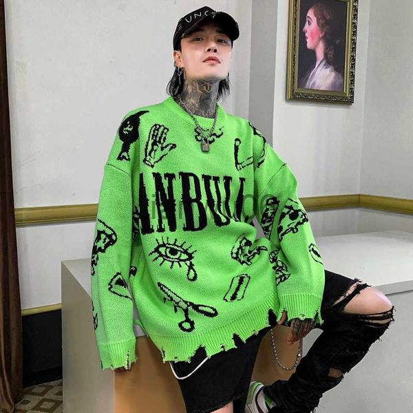 Camisolas masculinos outono Inverno rasgado Hole punk Hip Hop Men Red Green Amarelo Color Oversized Pullover em estilo coreano Jersey Hombre J230806