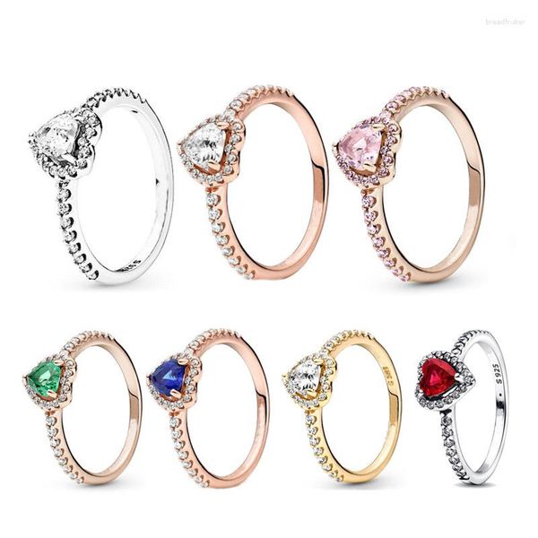 Rings a cluster Princess 925 Silver Love Elevated Red Women's Ring Sapphire Ruby Green Green Oro Rosa Oro Cuore Valentino Giorno Regalo di gioielli