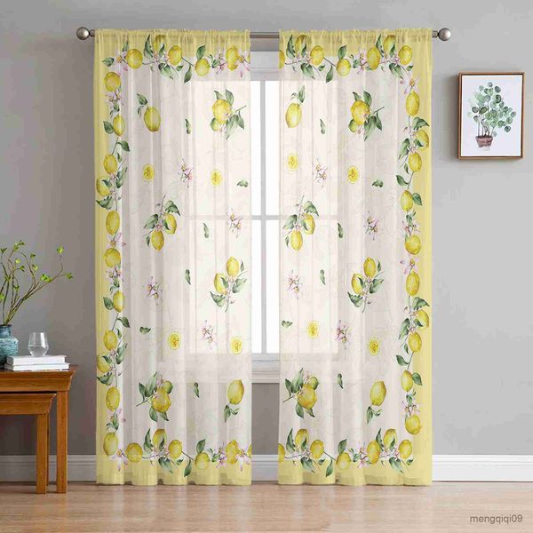 Cortina de limão frutas xadrez tule tule pura cortina para sala de estar adultos garoto cortinas de decoração de cozinha cortinas r230816