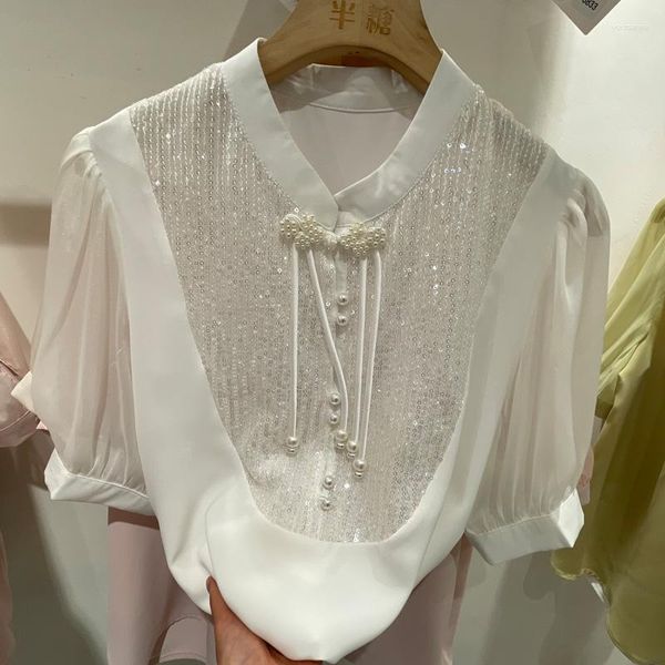 Kadınlar bluzlar Yüksek kaliteli çivili disk toka payeti boncuklu gömlek bluzu kısa kollu üst 2023 yaz moda