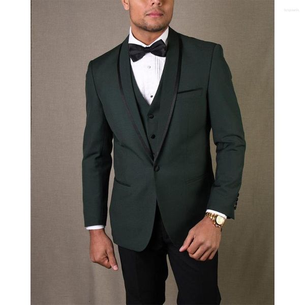 Herrenanzüge Luxus dunkelgrüne Jacke Hose Weste Viertel Single Breasted Sahwl Revers Terno Outfits Formal Traje de Hombre Elegante 2023