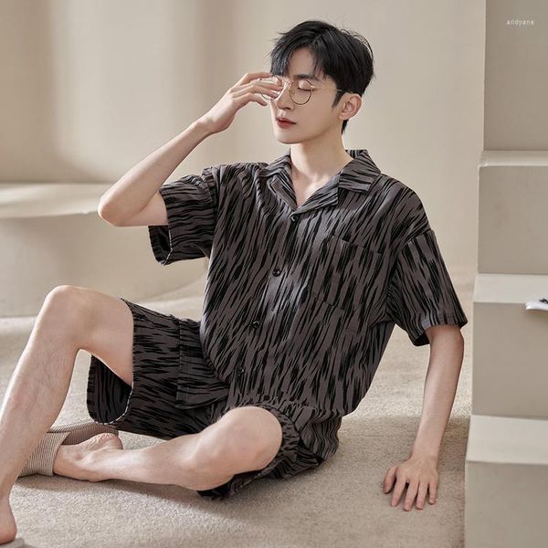 Pijamas de roupas de dormir masculinas Conjunto de algodão Camisa de manga curta Cama elástica da cintura moda de madeira Moda Padrão de Nightwear Plus Size L-3xl