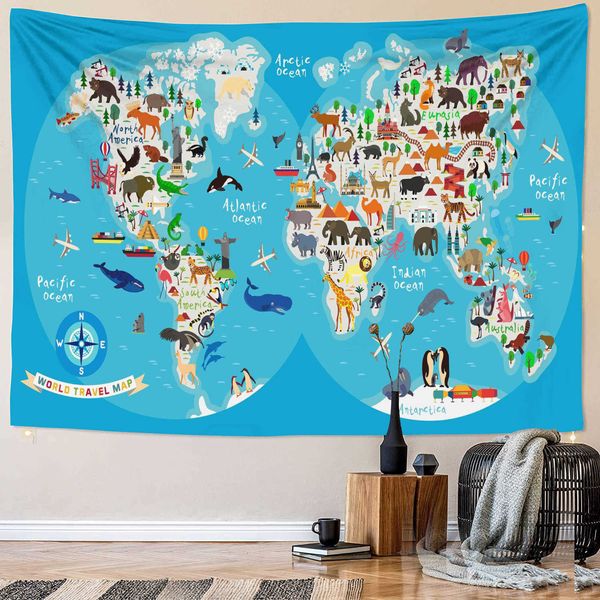 Tapeçarias tamanhos mapa do mundo das crianças tapeçaria parede pendurado mapa animal tecido bonito estilo europeu decoração do quarto das crianças