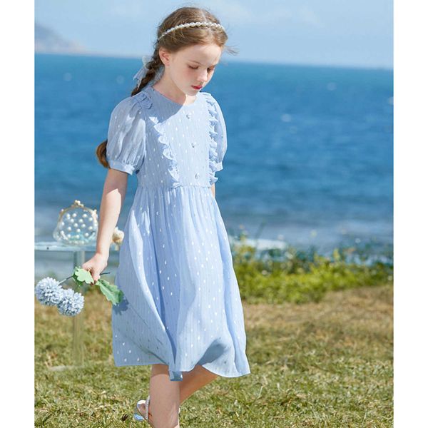 Mädchenkleider Sommerkleid, neues, locker sitzendes, fleischfarbenes und stilvolles, kurzärmliges Chiffon-Kinderkleid für Mädchen, Prinzessinnenkleid