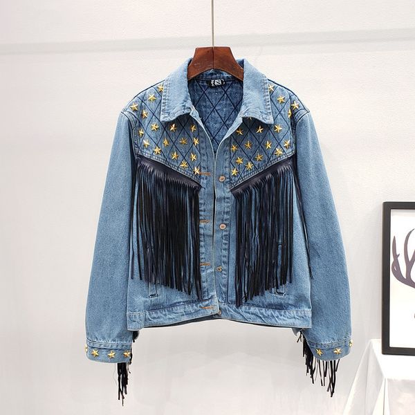 Damenjacken Europäischer Stil Chaqueta Mujer Herbst Denim Frauen Jacke Spring und Herbst Pentagram Rivet Tassel Cowgirl 230815