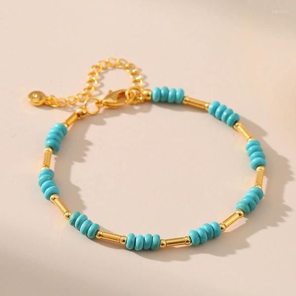 Bracelets de link estilo boêmio Turquoise Madeira Handmade Women Bracelet com tubo de cobre Batilhado 18K Gold diariamente Wear Acessório de jóias casuais