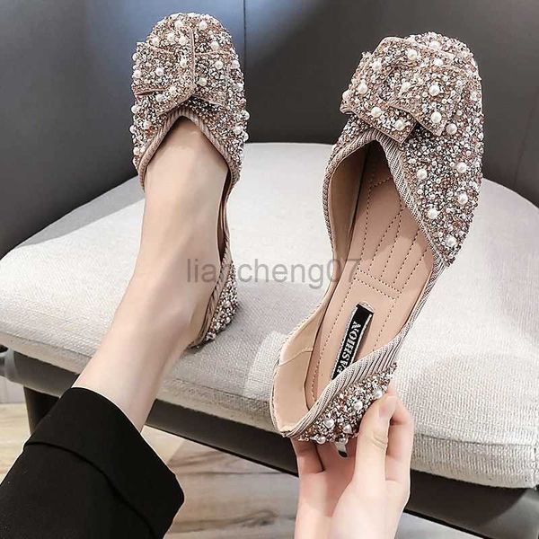 Scarpe eleganti più taglia 4.5-10.5 marca di lusso Ladies Summer Flats Rhinestone Pearl Women Fasves 2021 New Arrival Female Footwearl0816