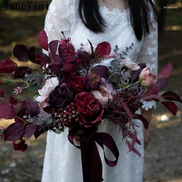 Düğün Çiçekleri Janevini Gotik Vintage Burgundy Yapay Gelin Buketleri Şarap Kırmızı Gelin Bruid Yaprakları Buket de Fleur