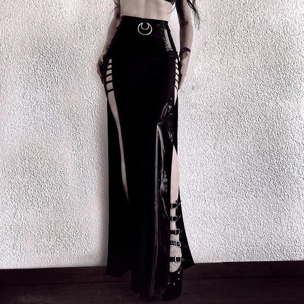Юбки 2023 Модные женские темно -готические блестящие патентные кожи платье лодыжки с высокой спинкой