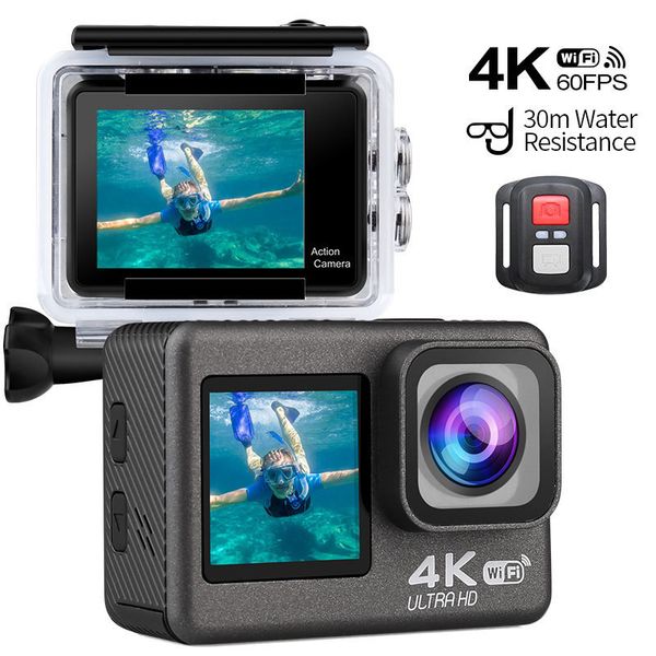 Telecamere resistenti alle intemperie 4K60FPS WiFi Action Camera a doppio schermo 170 ° largo 30 m sport impermeabili con accessori per montaggio telecomandazione Kit 230816